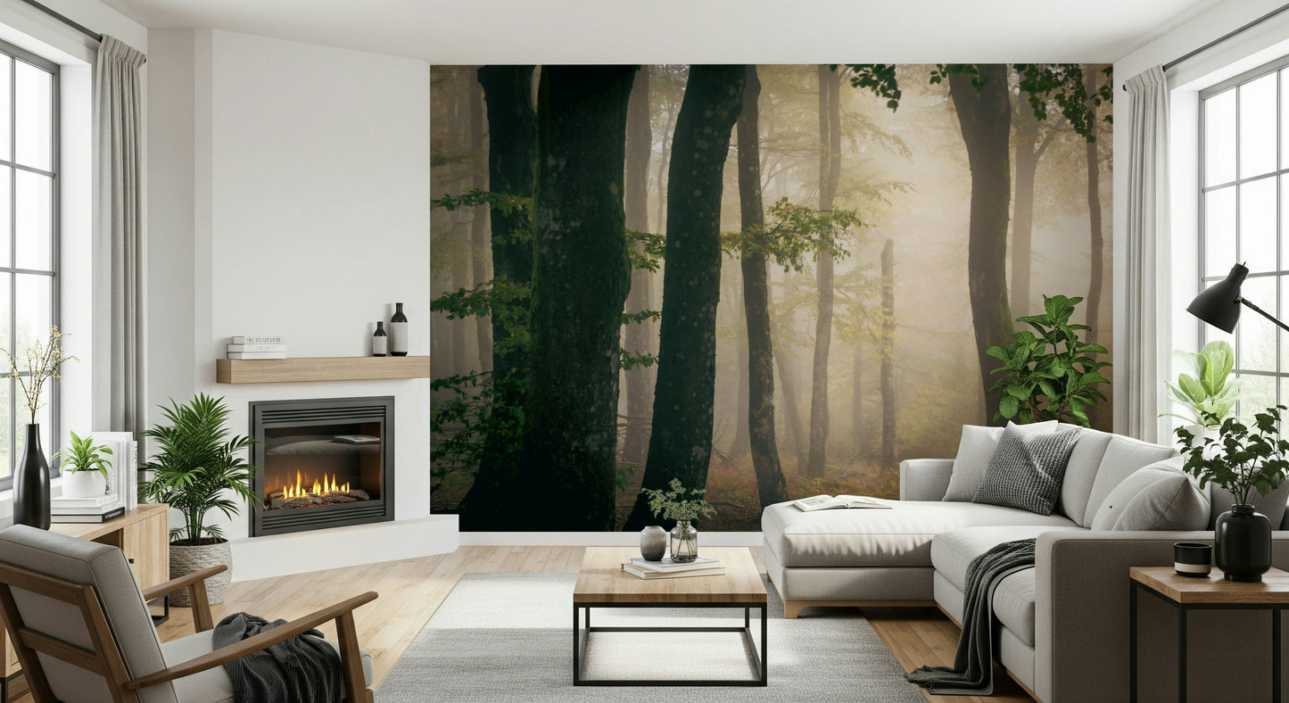Tranquil Grove wall mural Vertical tree lines, autumn mist, mysterious grove imagery.