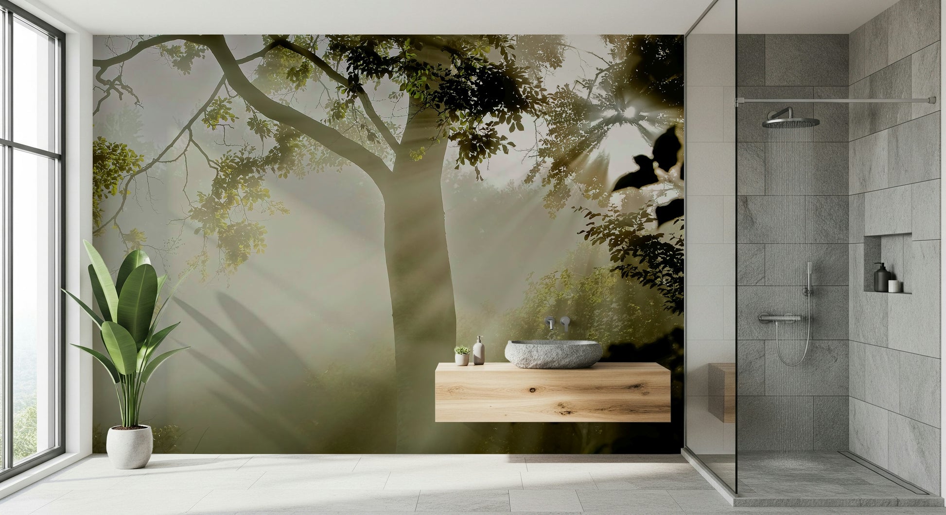 Wall covering Forest Serenity, serene woodland escape, sunburst light atmosphere.