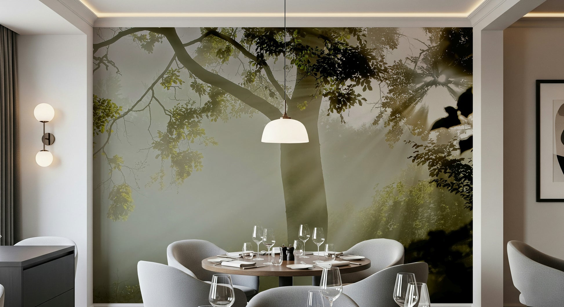 Forest Serenity wall mural Enchanting forest, green leaves, natural glimmering light.