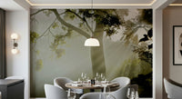 Forest Serenity wall mural Enchanting forest, green leaves, natural glimmering light.