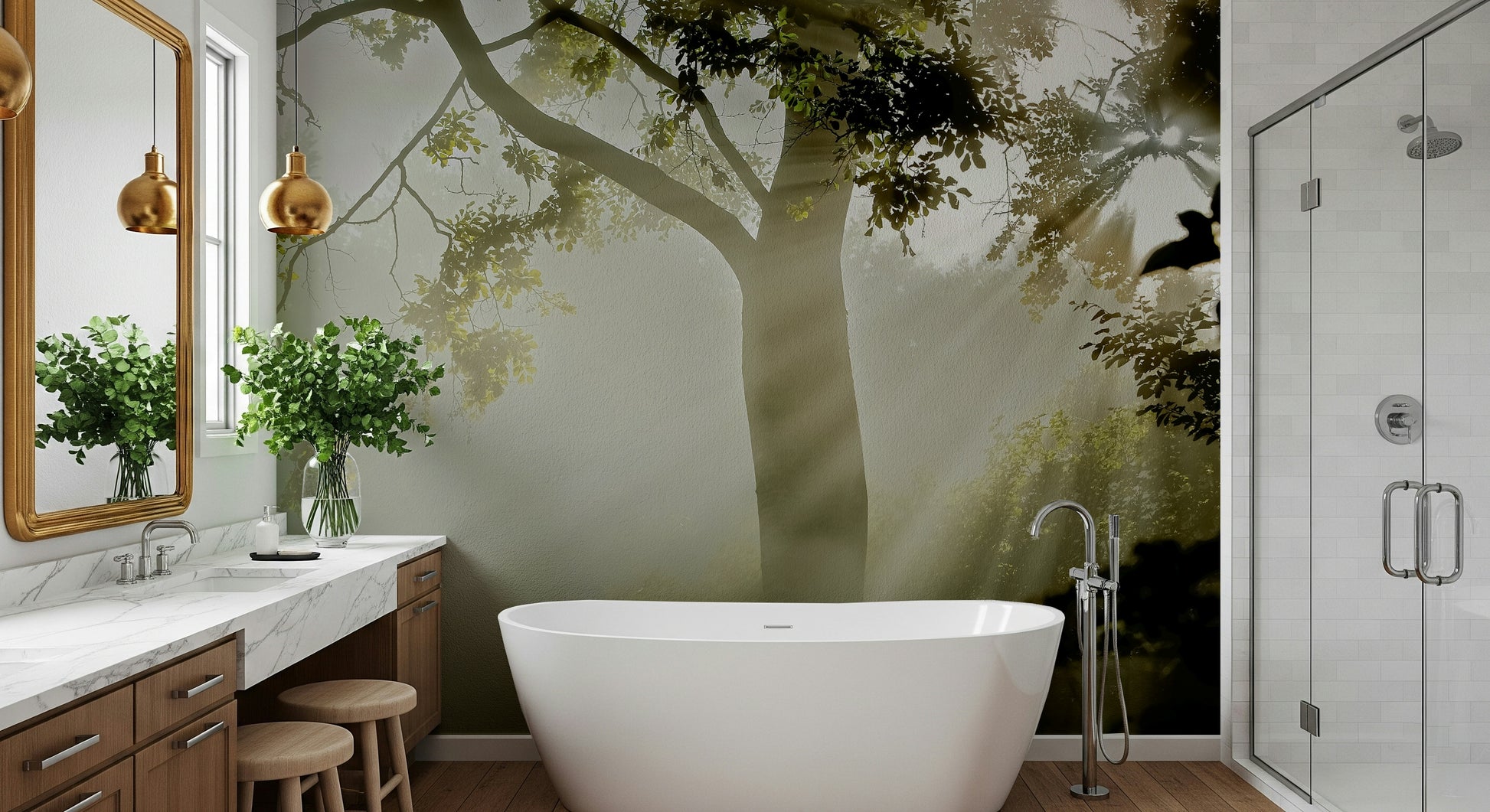 Forest Serenity wall mural Vibrant jungle scene, sunlit tree, misty woods decor.