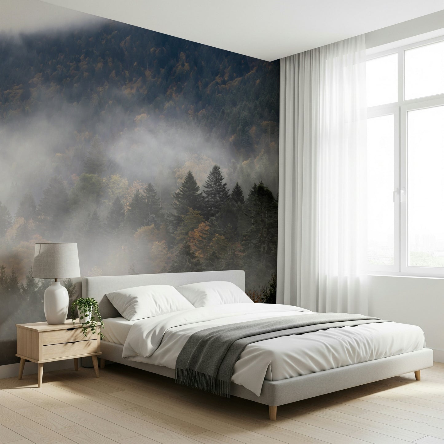 Autumn Haze mural Dense forest cloaked in thick, mysterious fog layers.