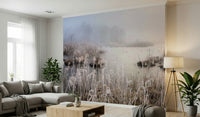 Misty morning wall decor Reeds covered in white frost, silent, calm atmosphere.