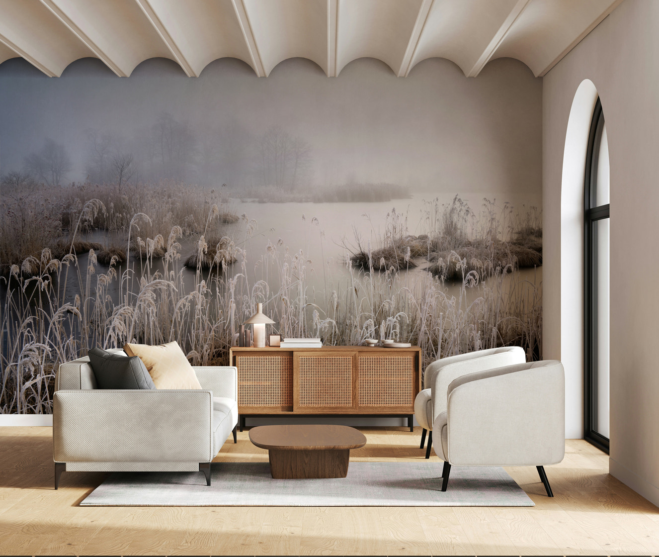 Frosted Dawn mural Winter wetland scene, misty lake with icy reeds.