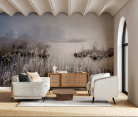 Frosted Dawn mural Winter wetland scene, misty lake with icy reeds.