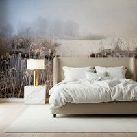 Frosted Dawn Serene winter marsh, gentle fog, tall frosted plant stalks.