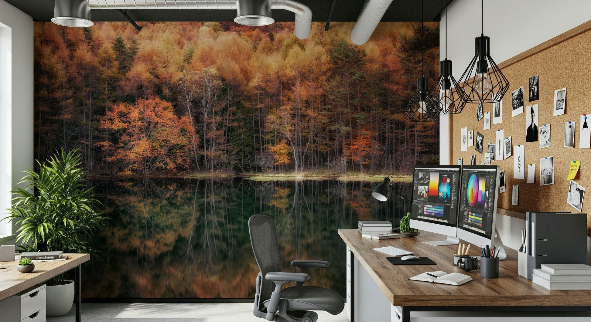Forest Mirror wallcovering Breathtaking scenery, double exposure effect, calm wilderness.