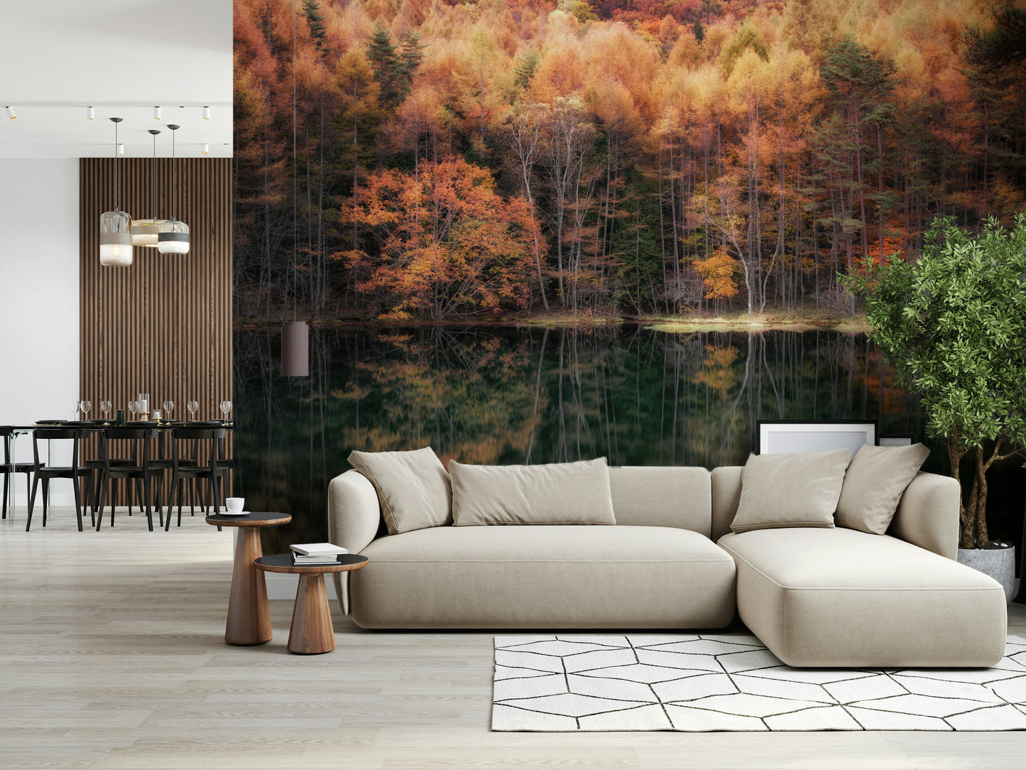 Forest Mirror mural Autumn foliage reflecting serenely on dark water surface.