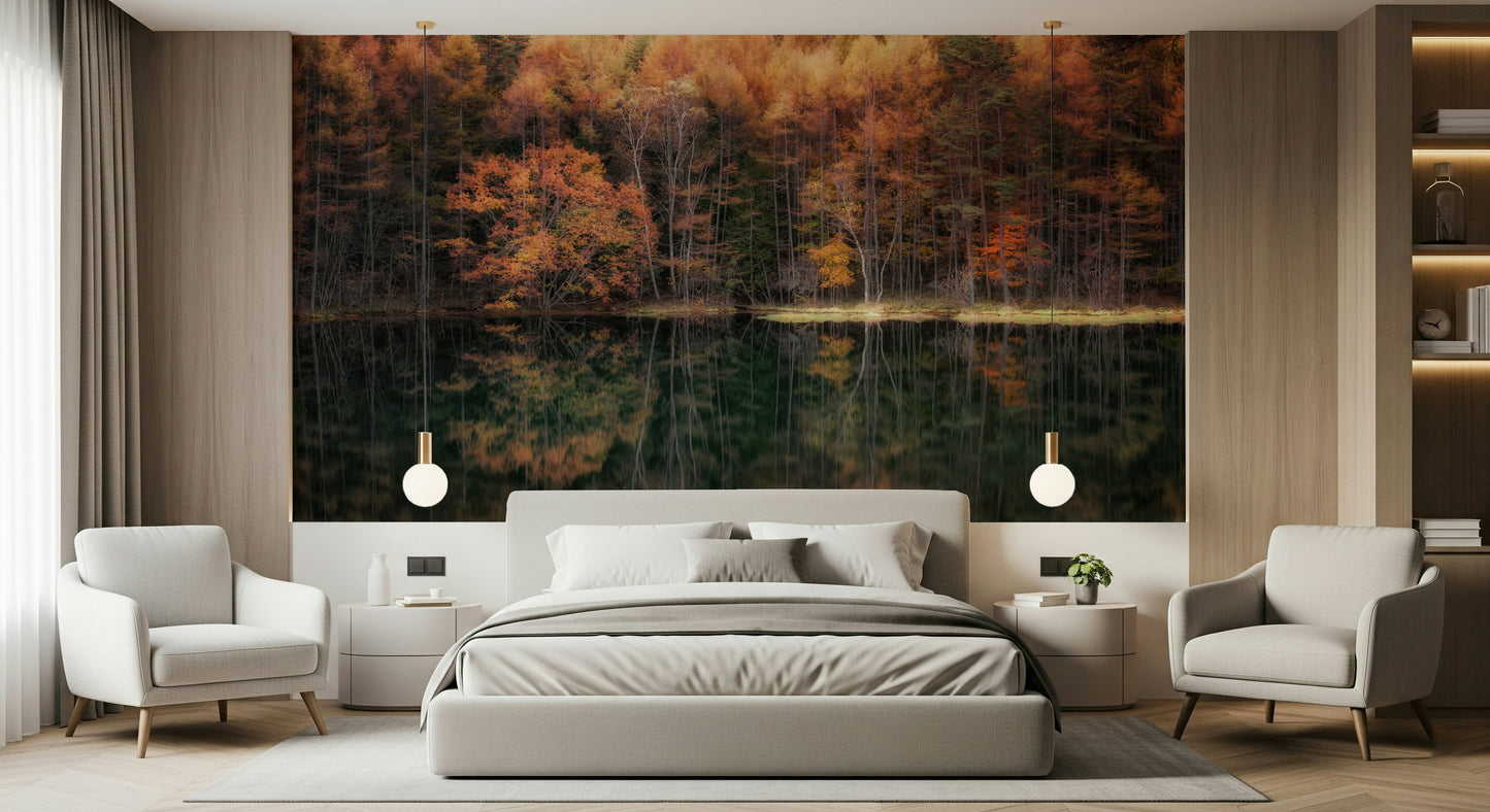 Rustic cabin decor Majestic fall forest and lake reflection, earthy hues for home.