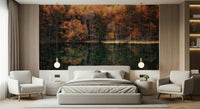 Rustic cabin decor Majestic fall forest and lake reflection, earthy hues for home.