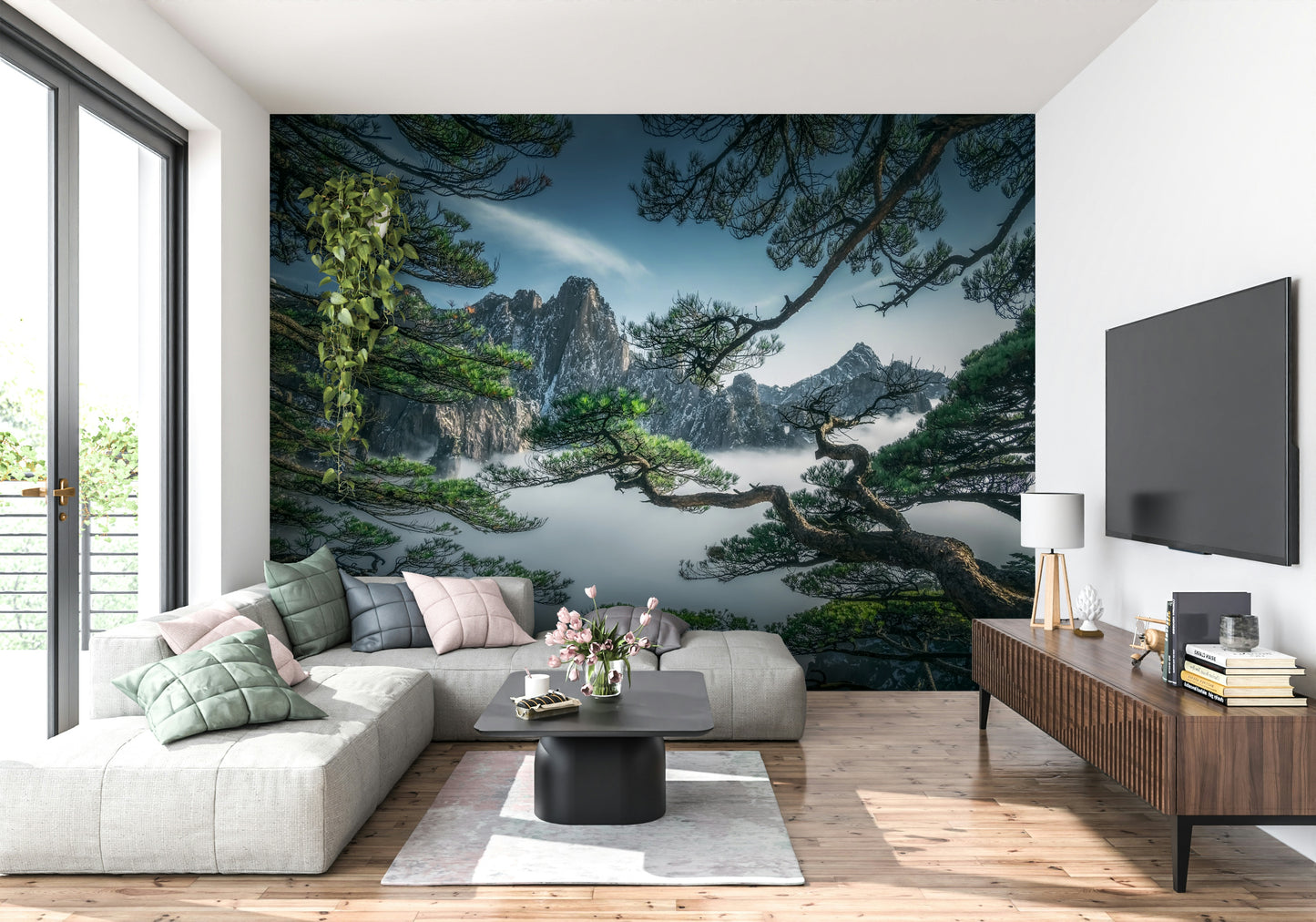 Alpine scenery Zenith Peak View misty cliff face peel and stick.