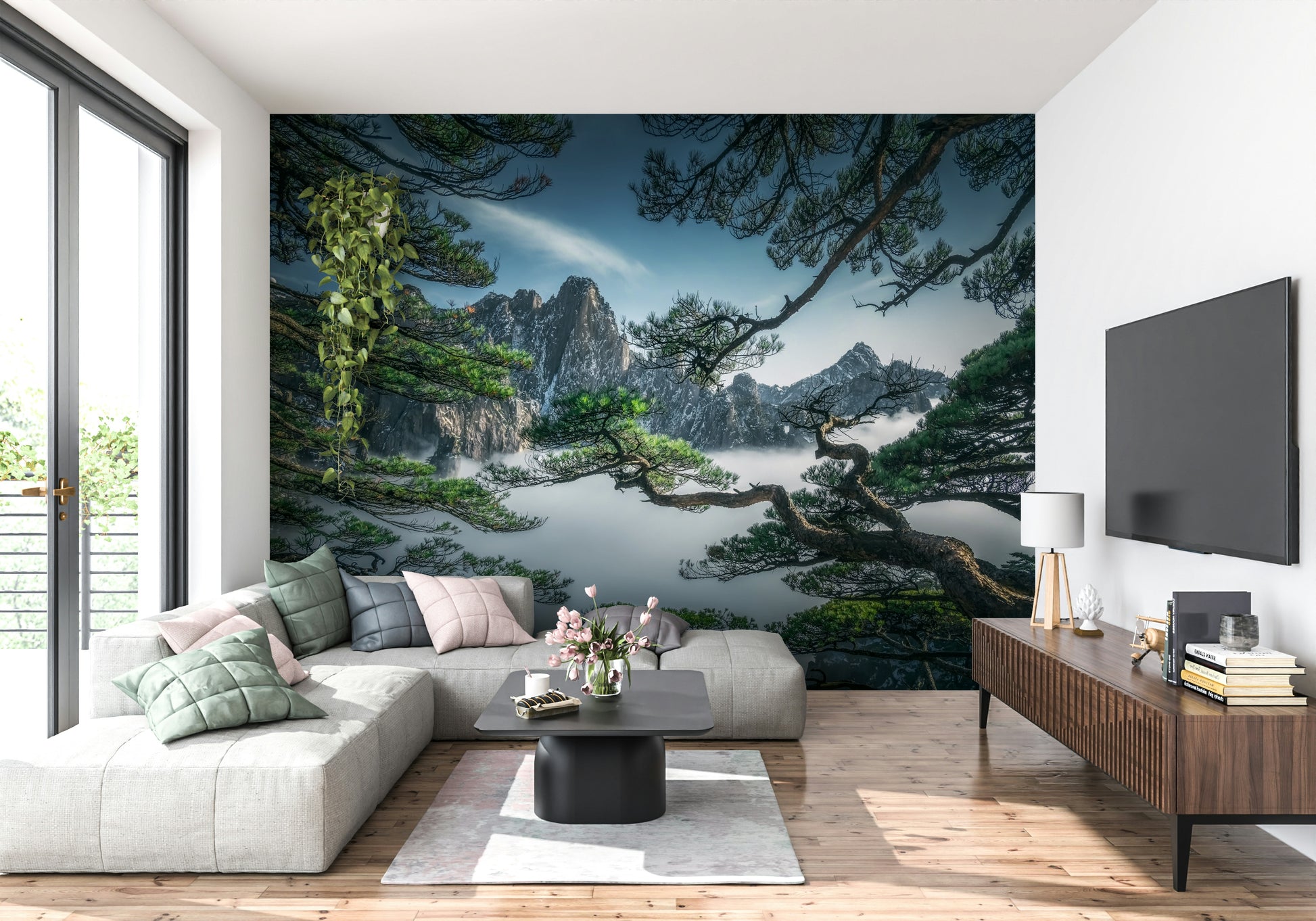 Alpine scenery Zenith Peak View misty cliff face peel and stick.