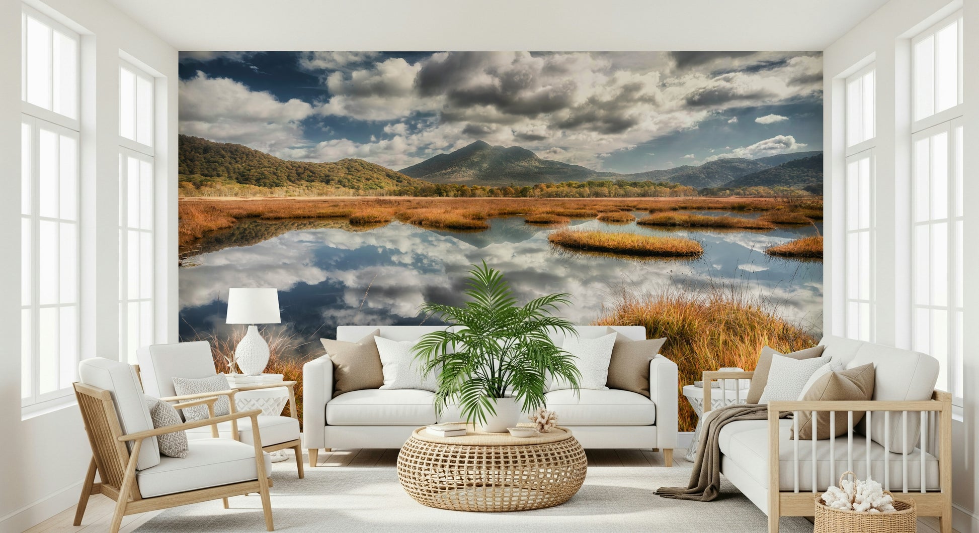 Mountainous vista reflection, autumnal grass, serene wall decor.
