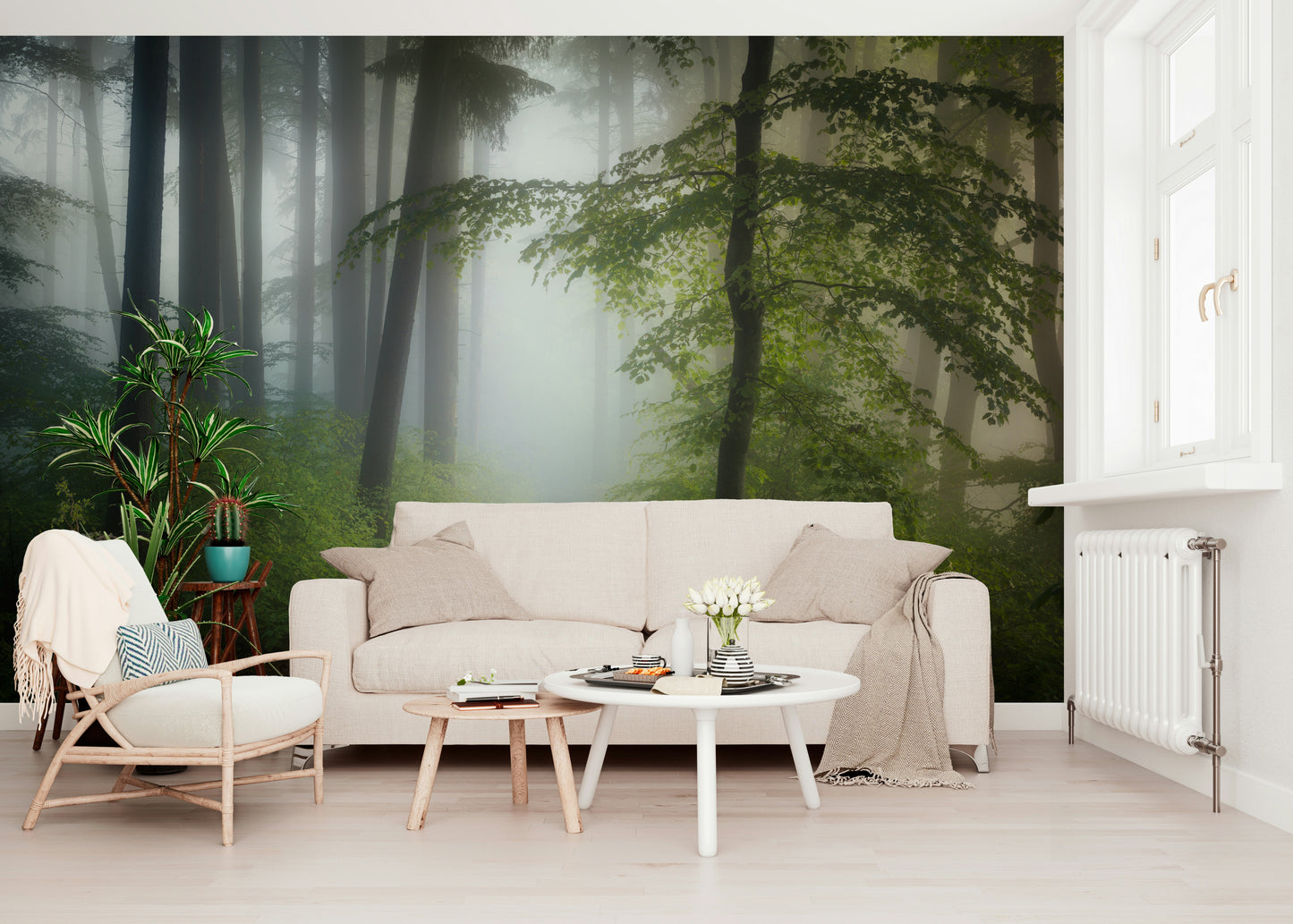 Deep Misty Woods Escape trail, lush greenery scenic landscape wallpaper.