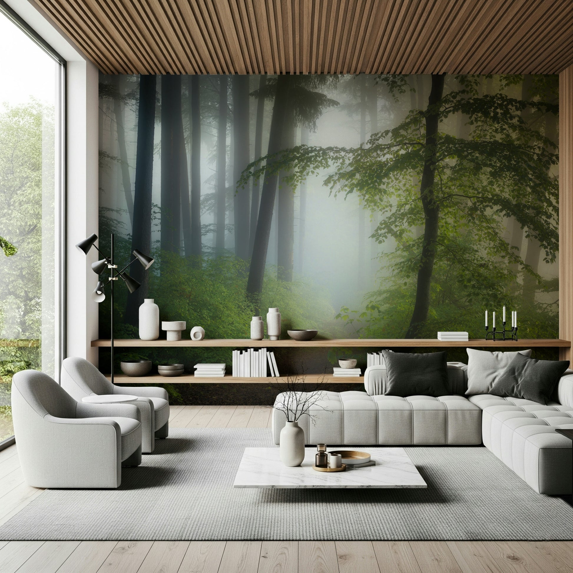 Nature themed Misty Woods Escape wallpaper, green undergrowth vista.