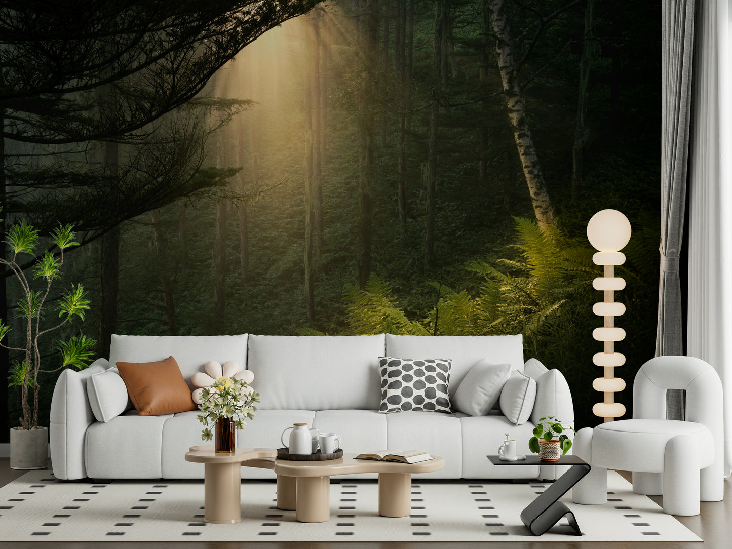 Deep forest and birch tree design wallpaper surface.