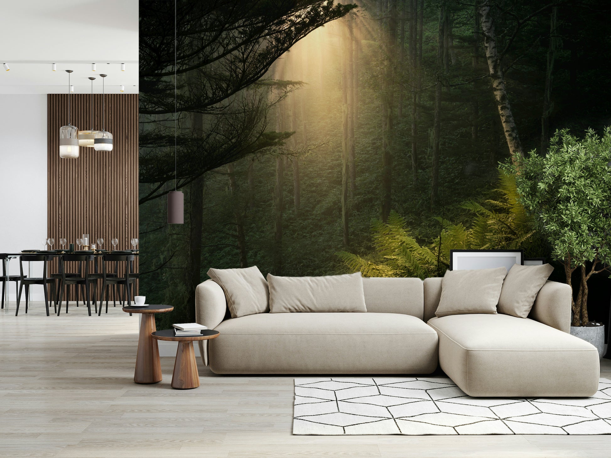 Mysterious woodland scene Sunlit Forest wall mural view.