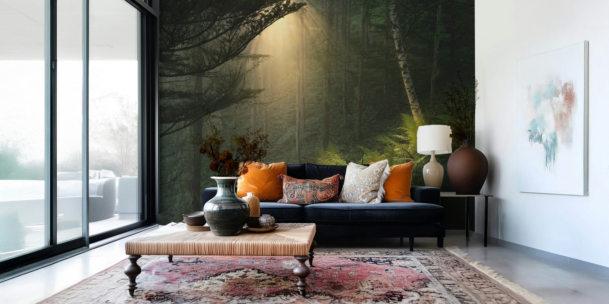 Lush green fern wallpaper for an immersive natural room.