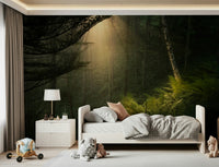 Dramatic light ray Sunlit Forest dense wallcovering image.