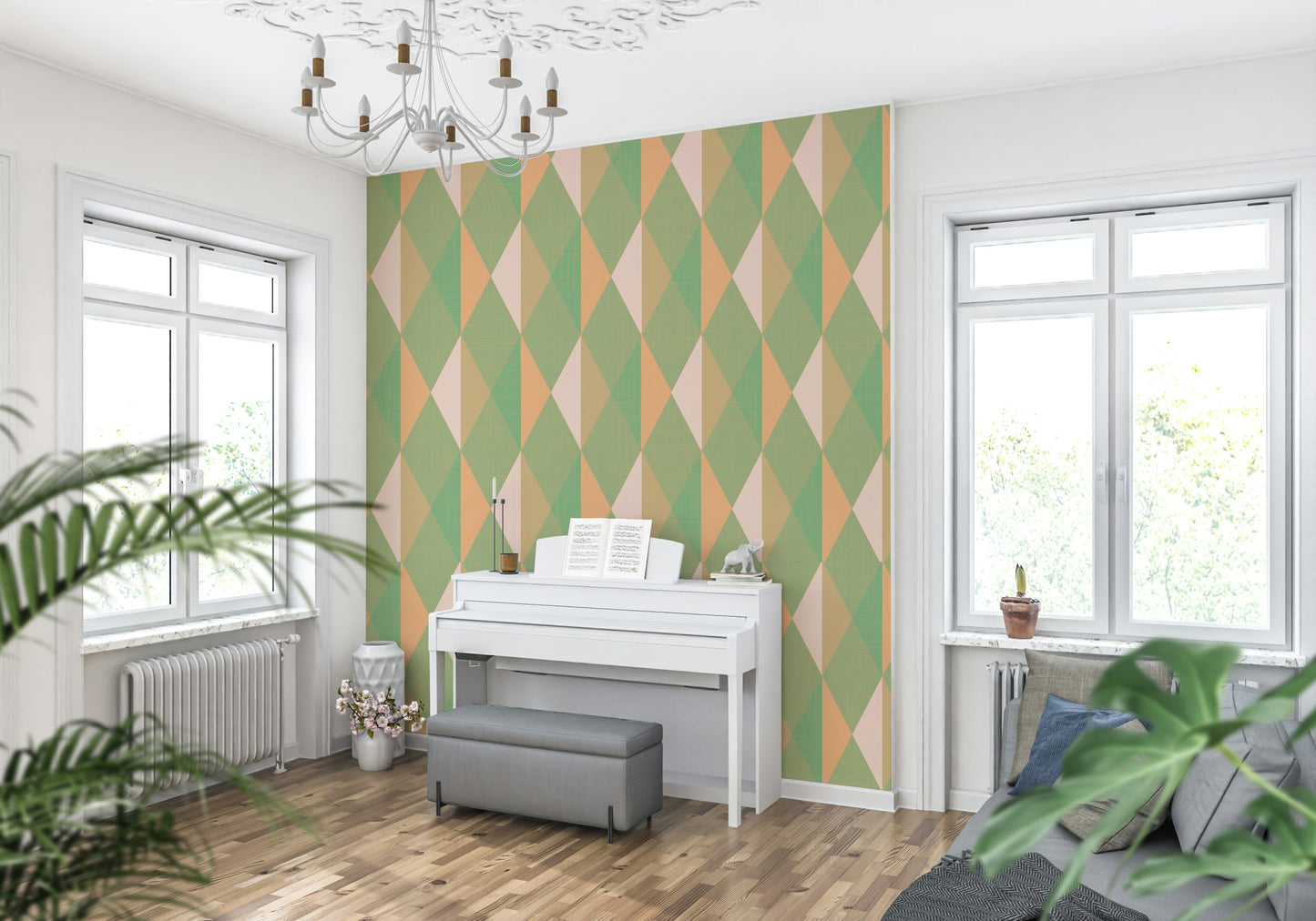 Fresh mint rhombus repeat Mint & Peach Triangles wallcovering.