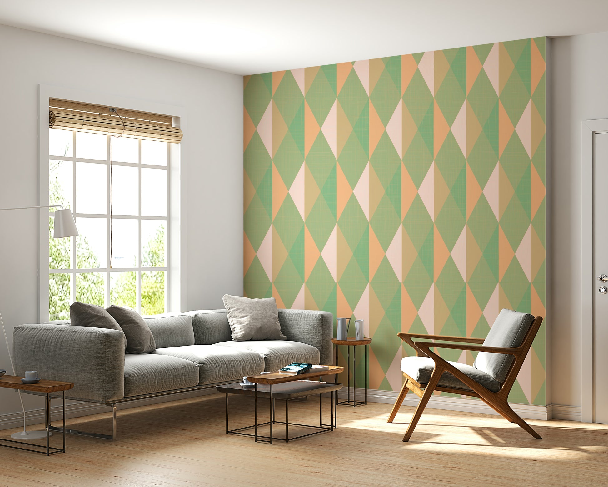 Peach and mint vertical lattice wallpaper for decoration.