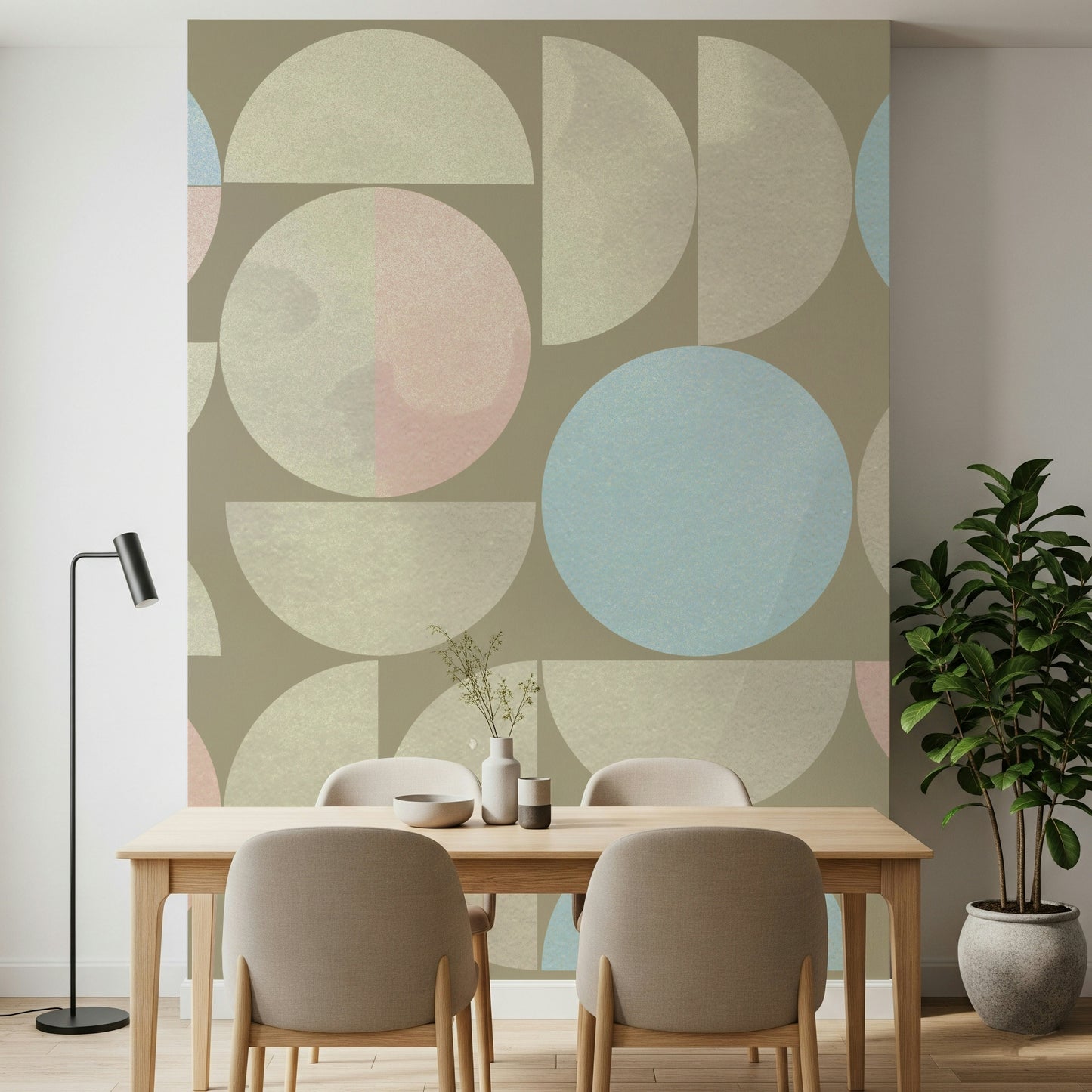 Subtle pink and teal Quiet Geometry geometric wallcovering design.