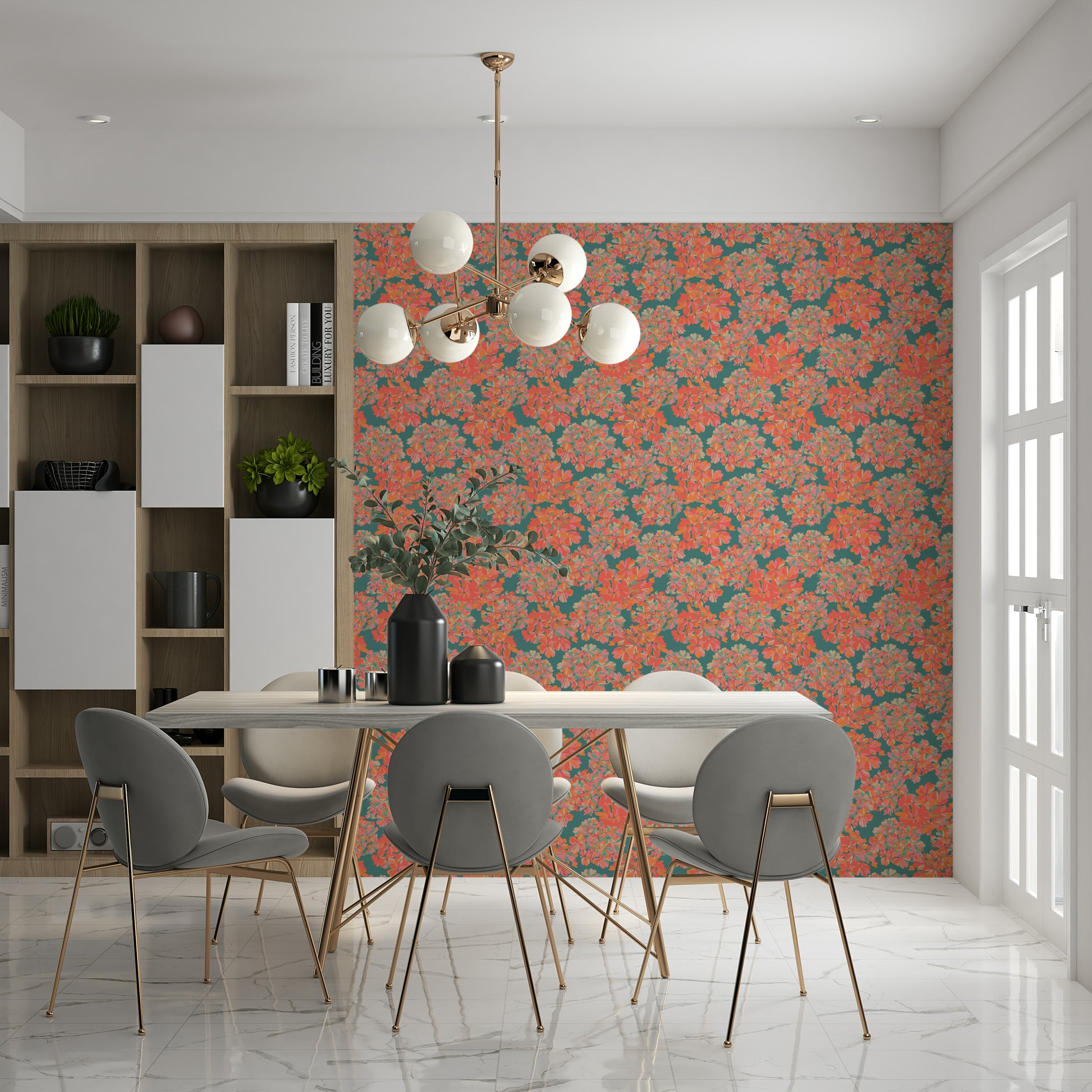 Lively Hydrangeas pattern, maximalist coral and peach flower wallpaper.