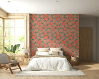 Overlapping Hydrangeas display, high-contrast teal and apricot room wallpaper.