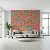 Antique Apricot Teal vivid bloom wallpaper, punchy pink and orange flowers.