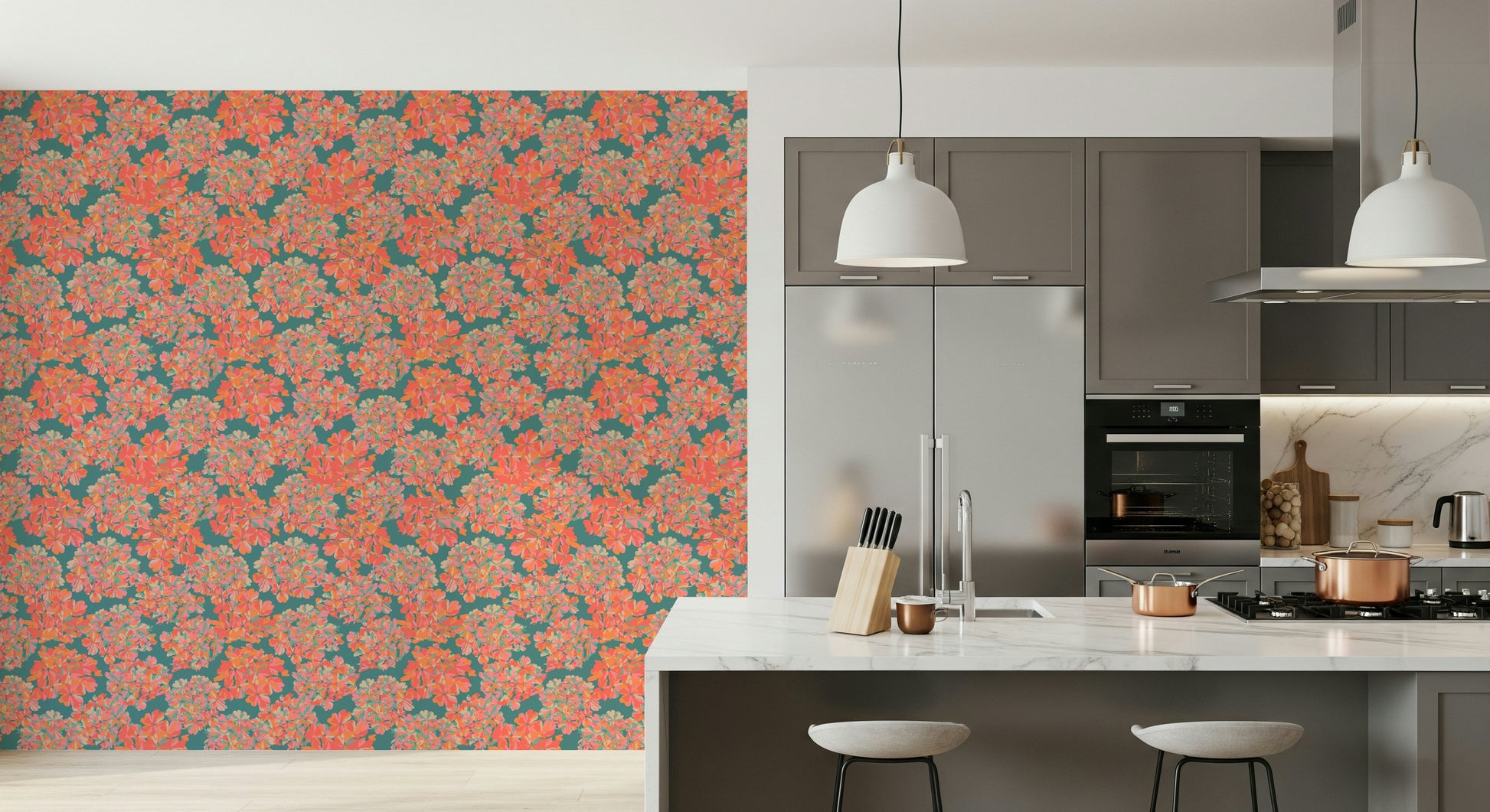Stunning Big Bloom art, saturated orange and pink floral statement wall.