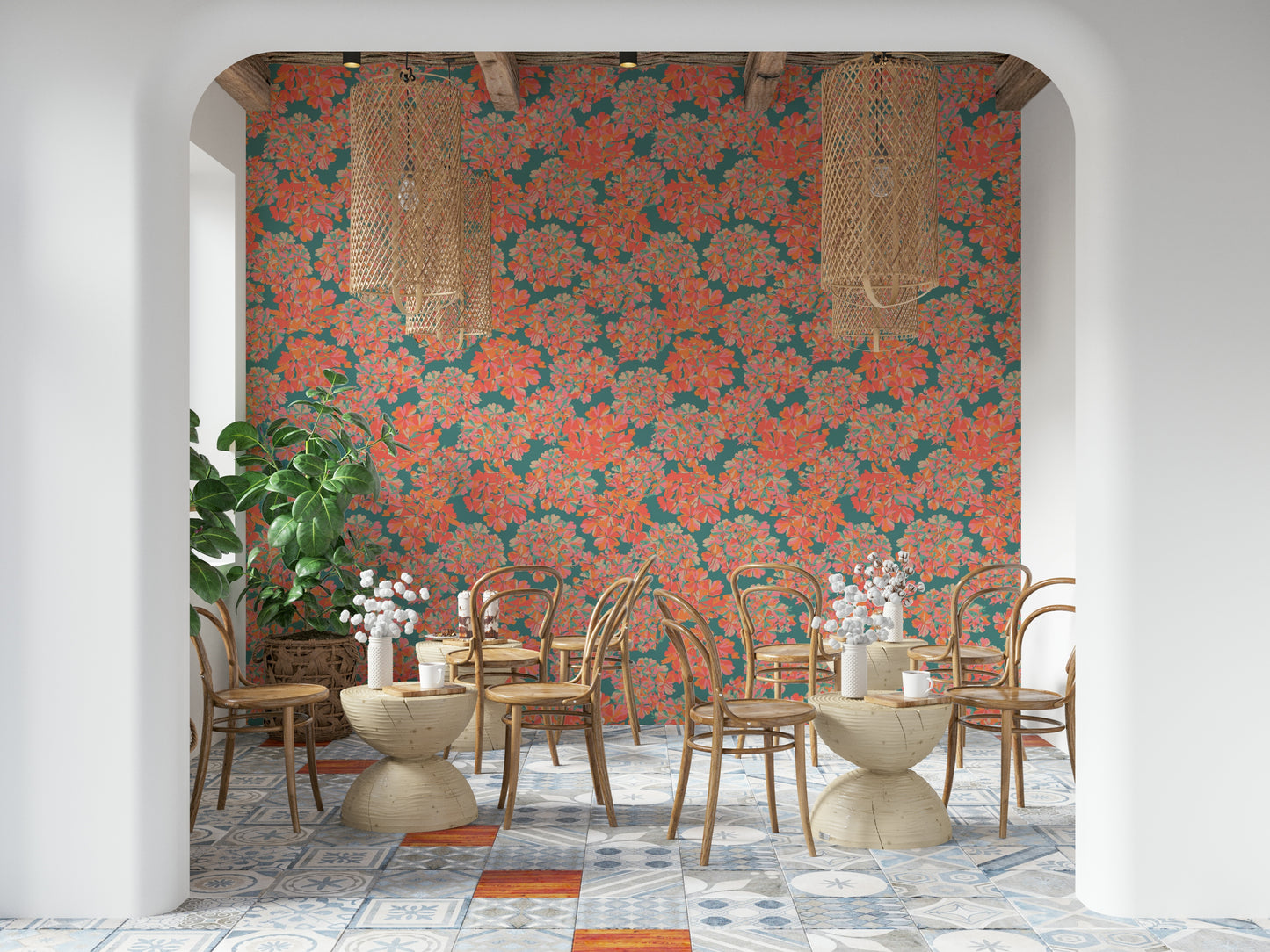 Bold Vintage English Floral print, energetic coral and teal abstract wallpaper.