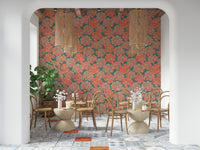 Bold Vintage English Floral print, energetic coral and teal abstract wallpaper.