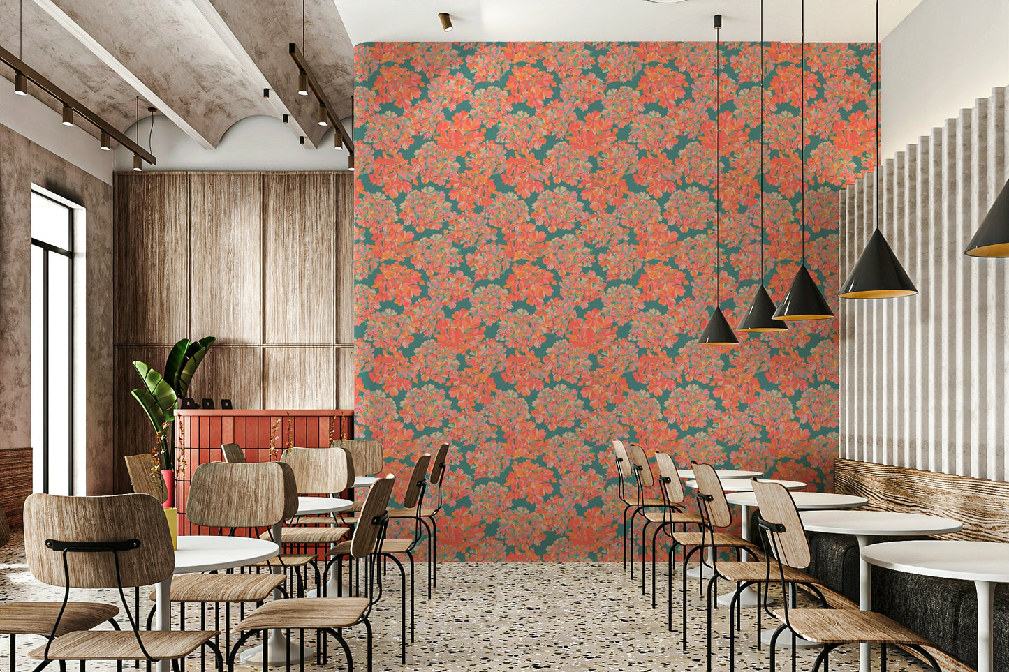 Modern Big Bloom look, graphic coral flower clusters wallcovering.