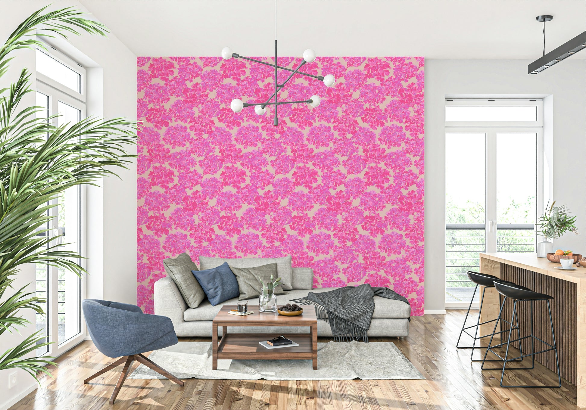 Hydrangea Big Bloom design pink large scale flower pattern wall covering.