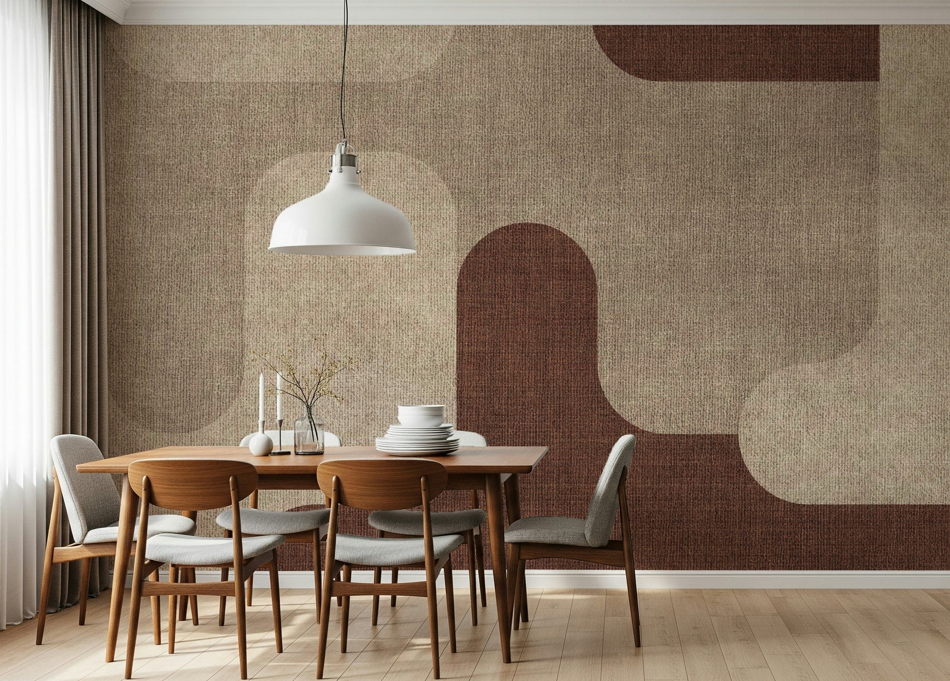 Peel and stick wallpaper, Earthy Curves Design, warm terracotta tones.