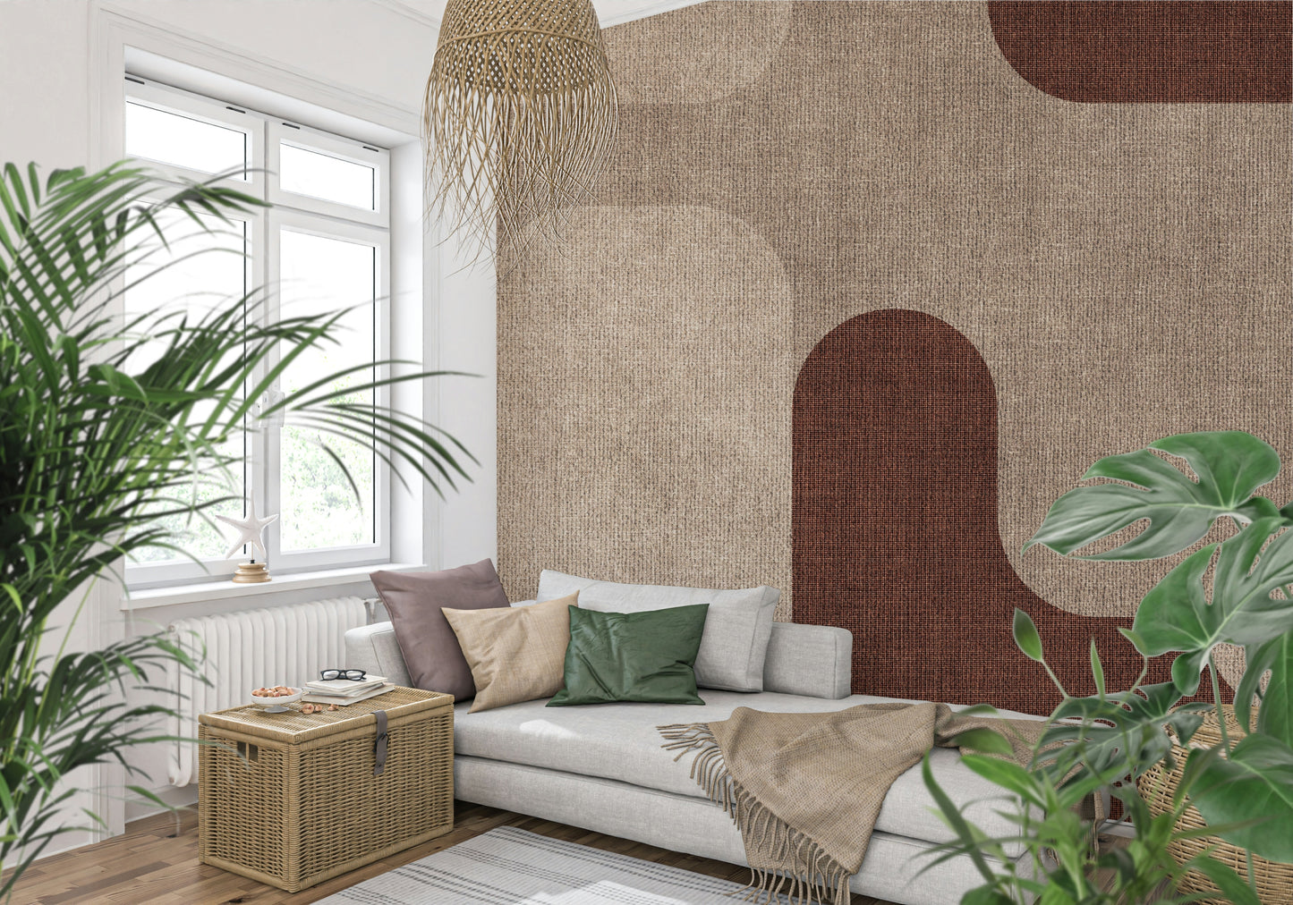 Modern wall mural, Earthy Curves Design, textured fabric look.
