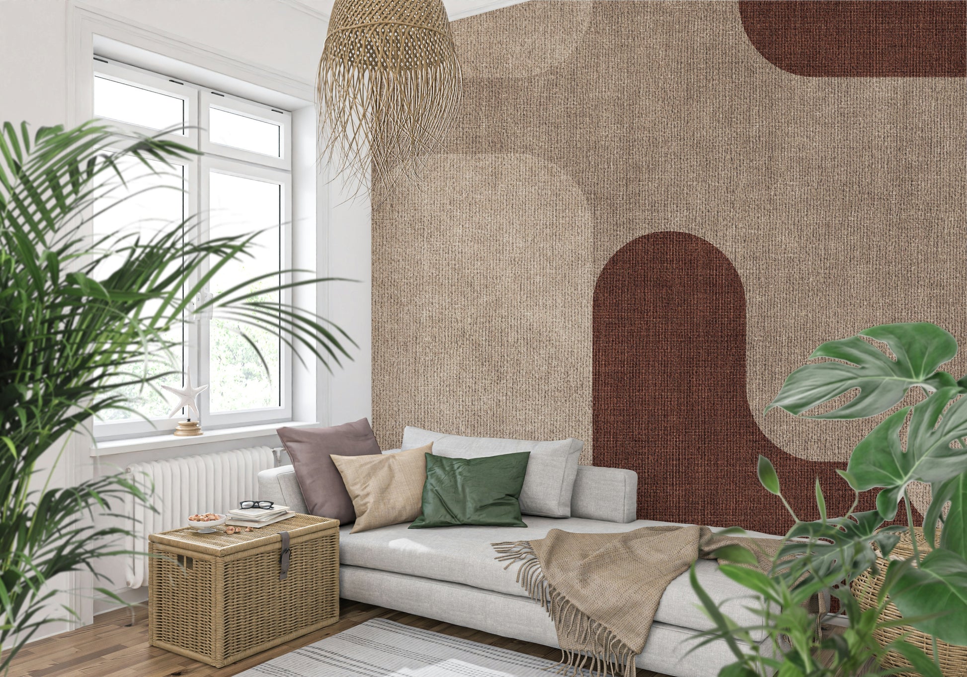 Modern wall mural, Earthy Curves Design, textured fabric look.