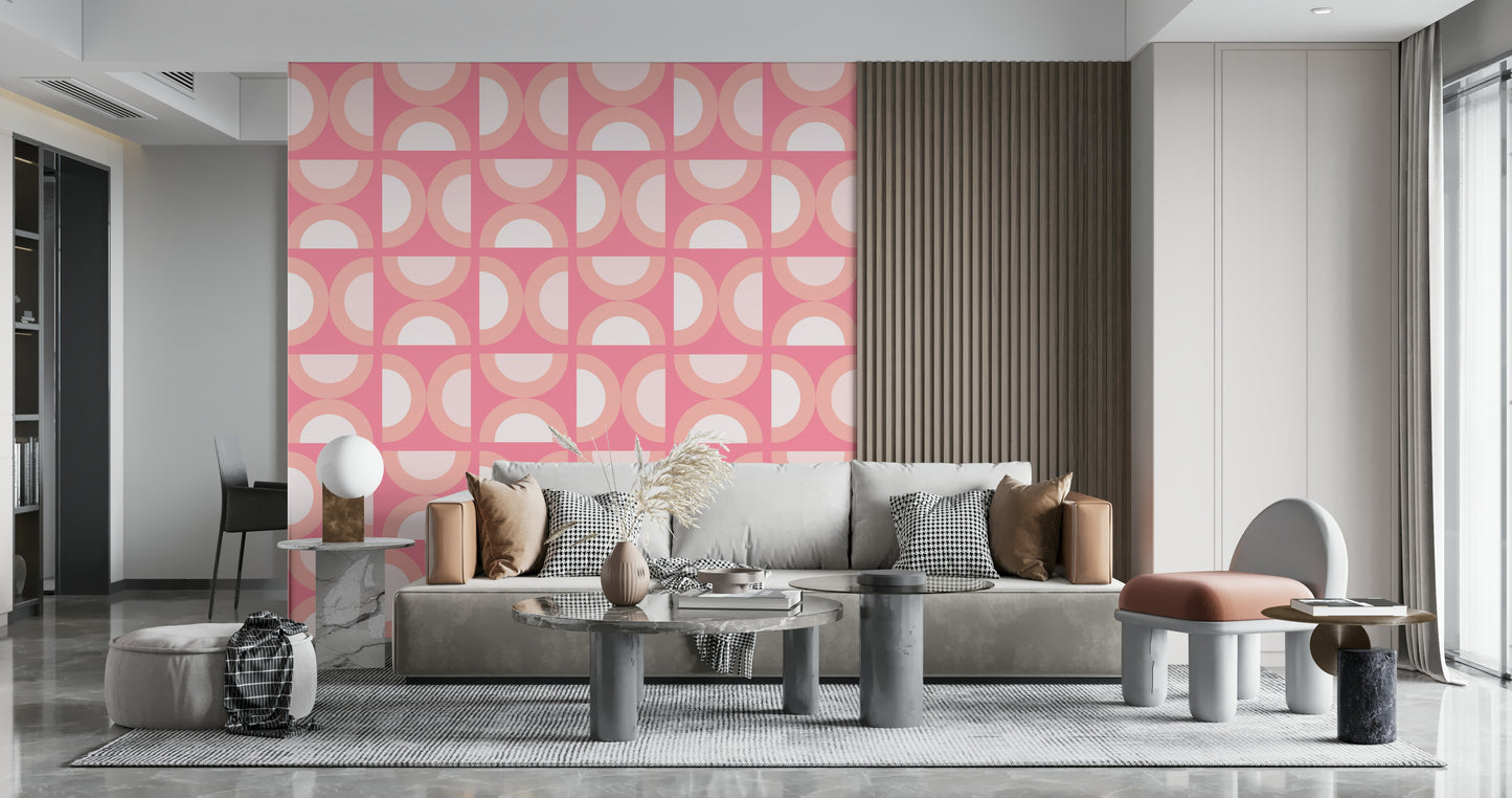 Bold graphic print wall covering, the beautiful Retro Peach Arcs wallpaper.