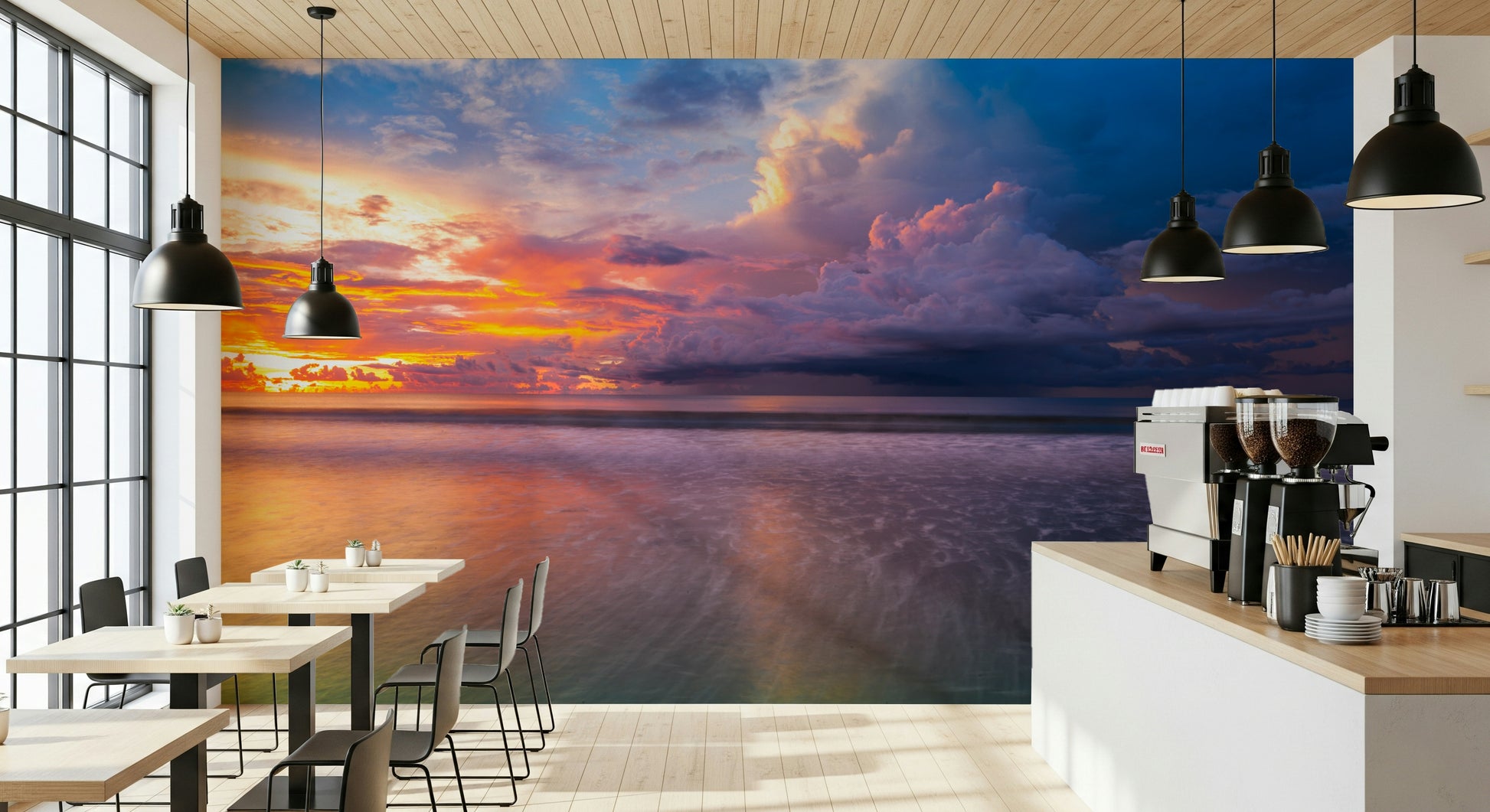 Colorful coastal wallpaper for walls Storm Clouds artwork intense sunset.