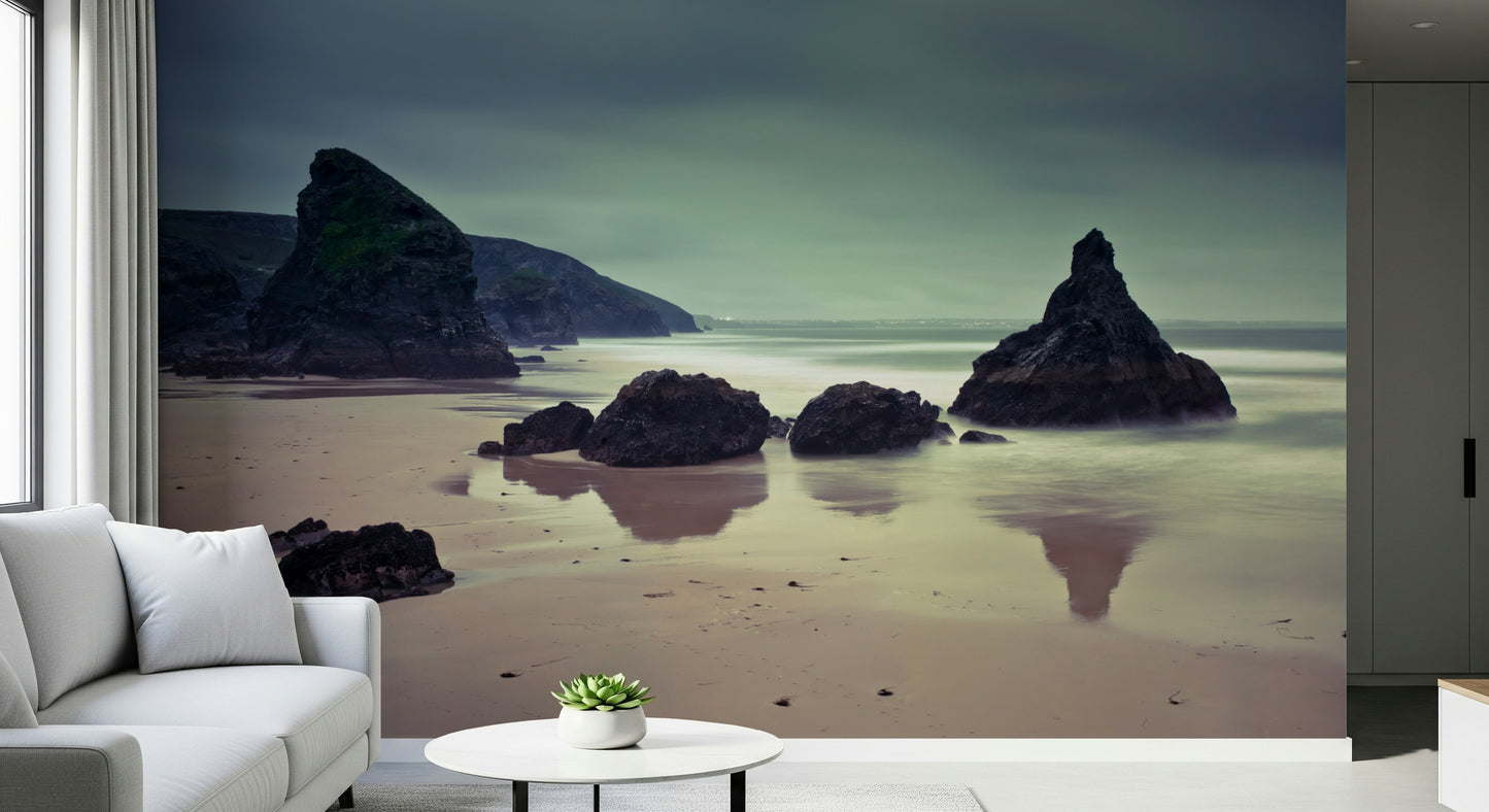 Calm water reflection Bedruthan Steps Beach wall print