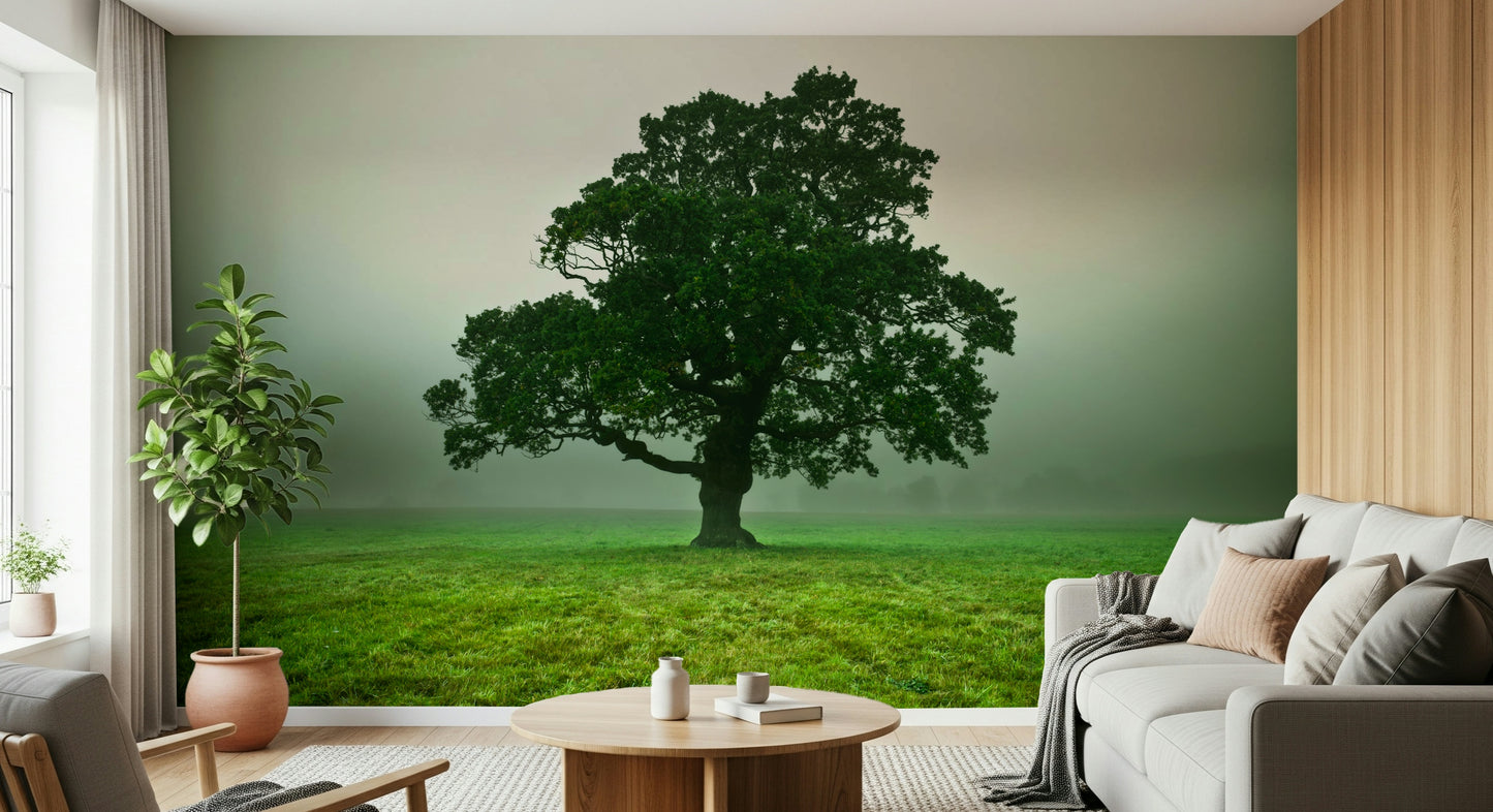 Rustic Ethereal Presence wall design misty field lone tree.