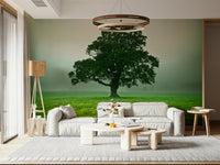 Ethereal Presence lone dark tree misty field wall covering.
