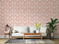 Chic Tropical Blush nursery wallpaper delicate jungle leaves print.
