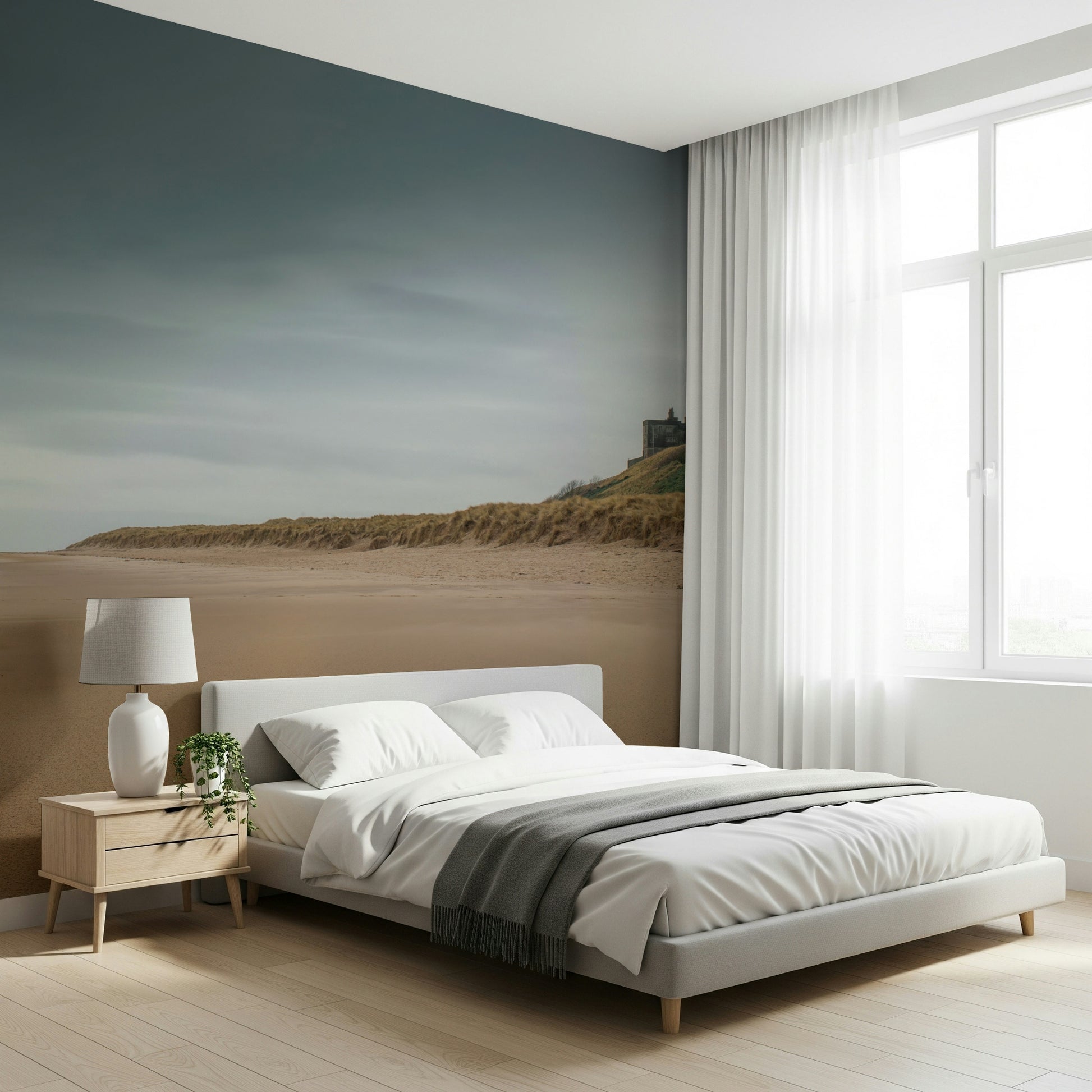 Bamburgh Castle England ocean shore backdrop wall mural.