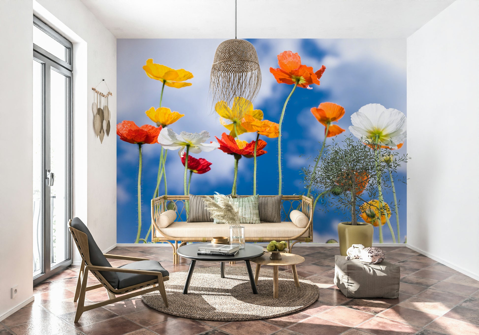 Cheerful Blue Sky Bouquet floral wall mural with golden and white blooms.