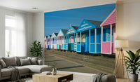 Vibrant Seaside Vibe wallpaper, row of blue and pink huts.