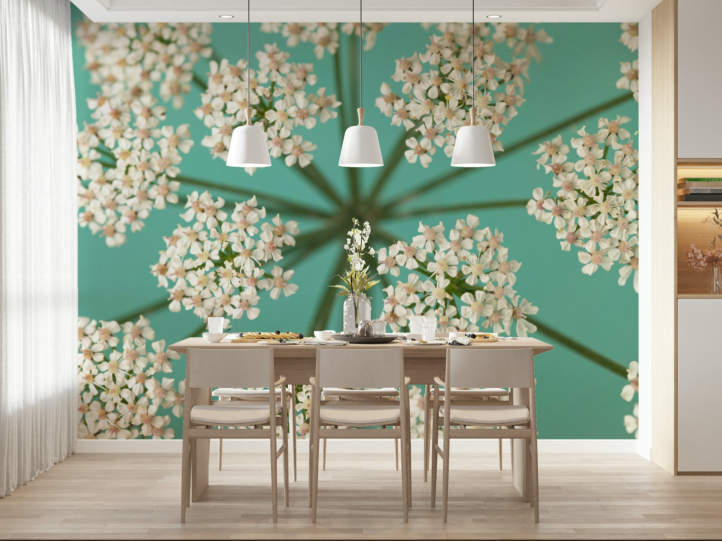 Fresh Delicate Blooms wall graphic; lacey white flowers, peaceful springtime feeling.