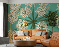 Whimsical Delicate Blooms mural design; scattered soft petals, inspiring and calming.