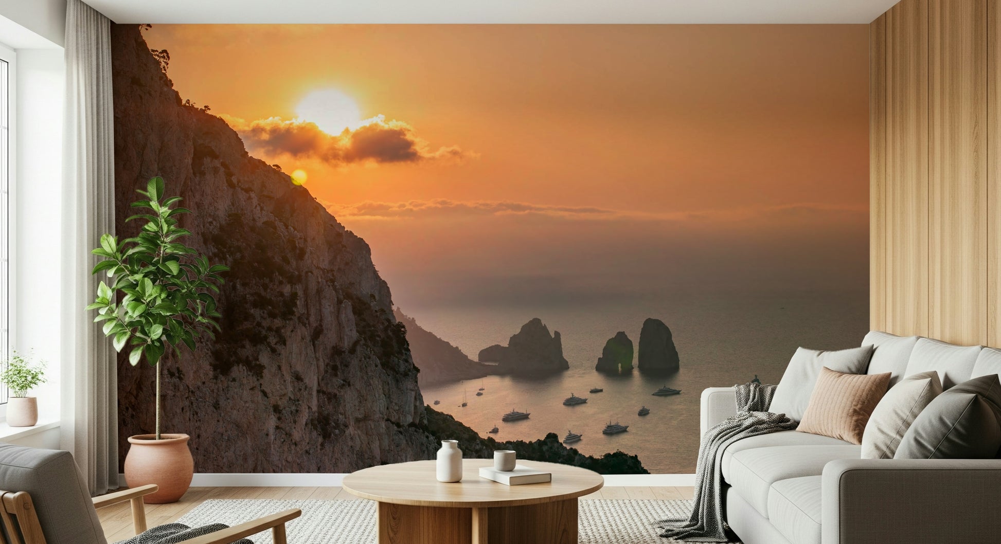 Atmospheric Sunrise Cliffs wall decoration; dramatic shadows, warm coastal scene.