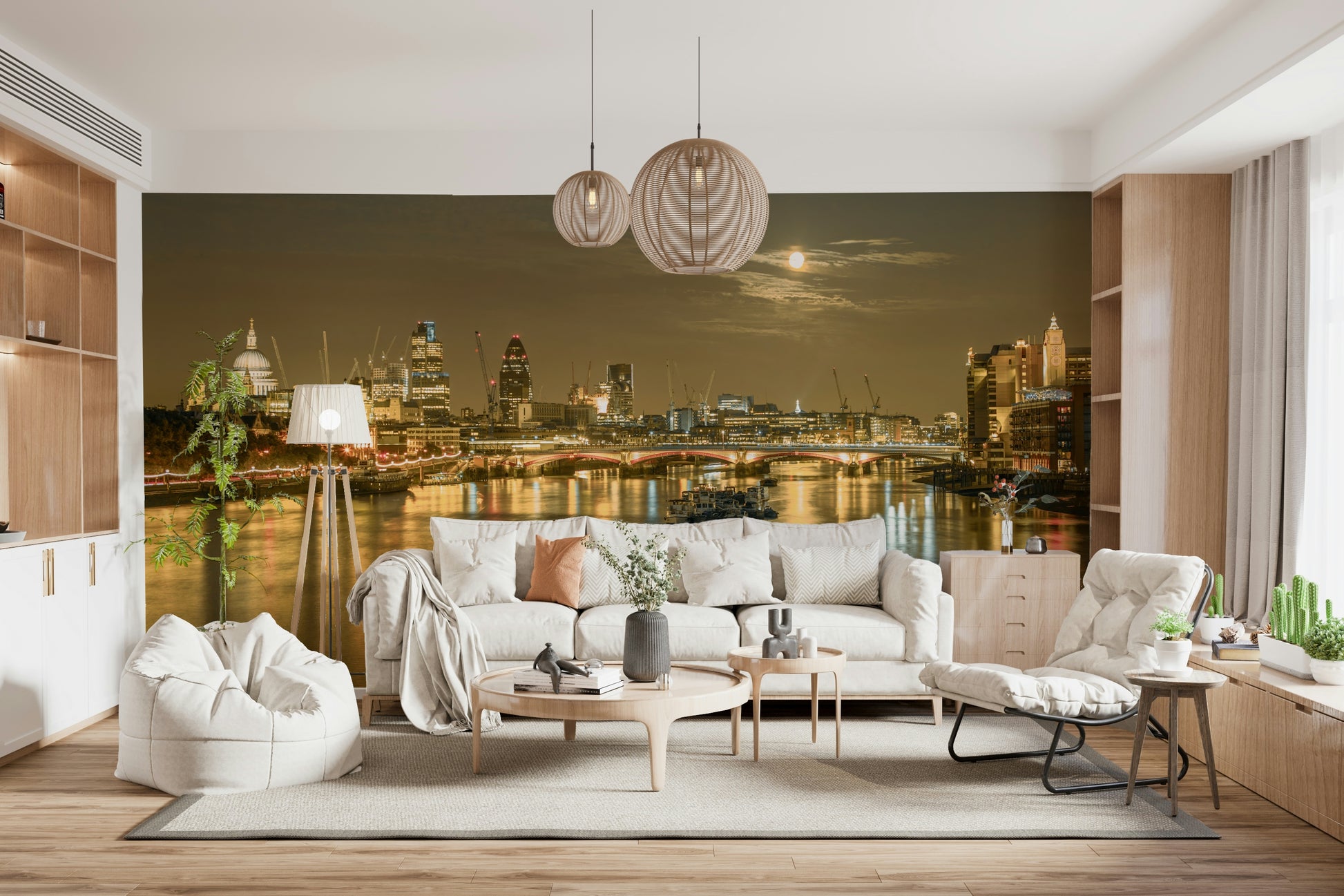 London Nights cityscape wallpaper wall mural moonlit river Thames glimmering boats.